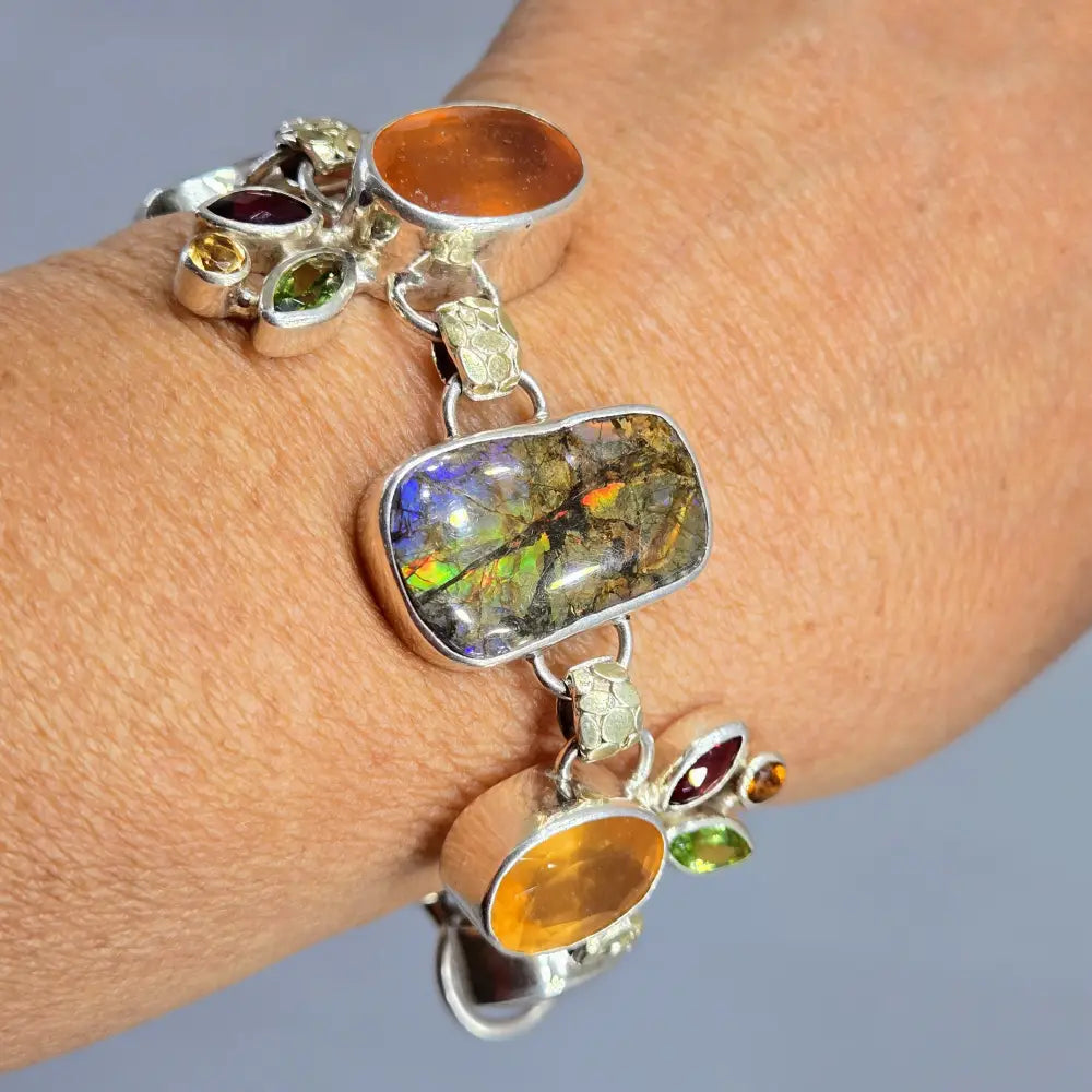 ?THe Mystic’ 7’’ - 8’’ Bracelet - Ammolite Citrine Peridot Quartz Garnets Sterling 18k Gold Accents