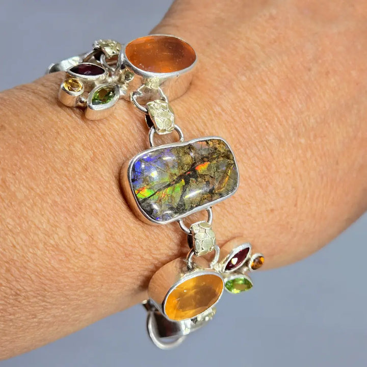 ?THe Mystic’ 7’’ - 8’’ Bracelet - Ammolite Citrine Peridot Quartz Garnets Sterling 18k Gold Accents