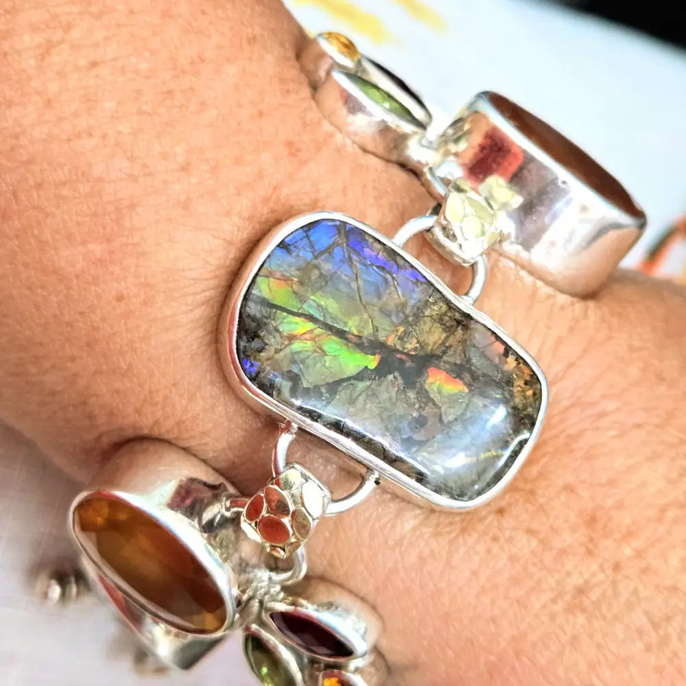 ?THe Mystic’ 7’’ - 8’’ Bracelet - Ammolite Citrine Peridot Quartz Garnets Sterling 18k Gold Accents