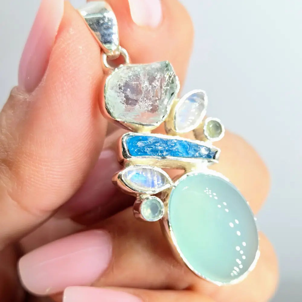 ?THe Rock Show Blues’ Pendants - (your Choice) Mixed Gems Sterling - 2) Aquamarine Moonstone Apatite Chalcedony (2’’)
