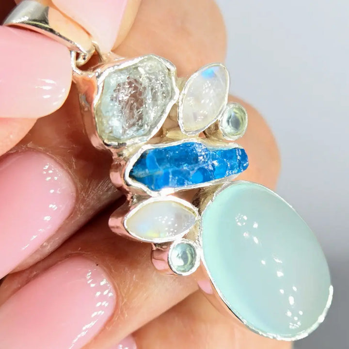 ?THe Rock Show Blues’ Pendants - (your Choice) Mixed Gems Sterling - 3) Aquamarine Moonstone Apatite Chalcedony (2’’)
