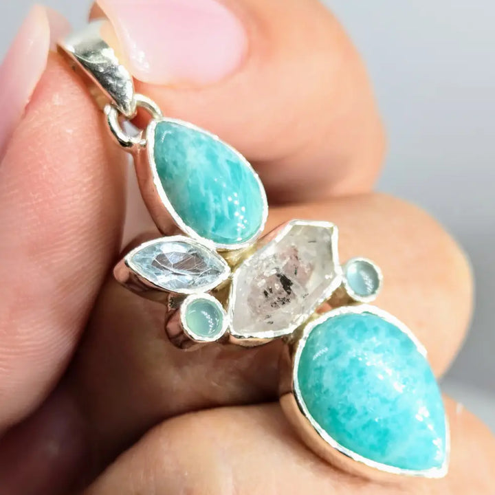 ?THe Rock Show Blues’ Pendants - (your Choice) Mixed Gems Sterling - 4) Amazonite Chalcedony Blue Topaz Herkimer