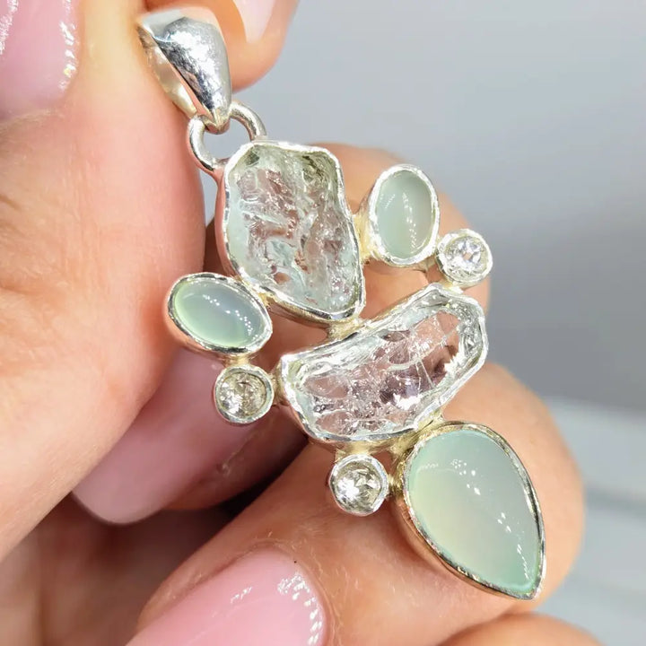 ?THe Rock Show Blues’ Pendants - (your Choice) Mixed Gems Sterling - 5) Aquamarine Chalcedony White Topaz (1.75’’)
