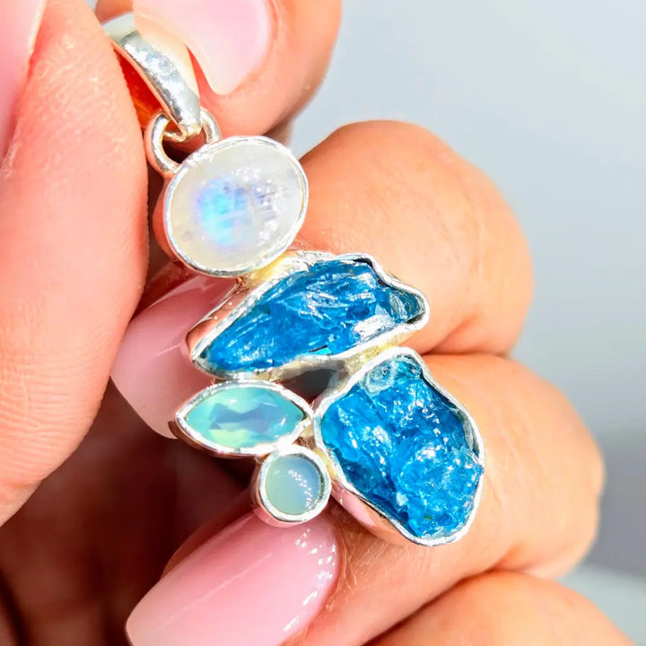 ?THe Rock Show Blues’ Pendants - (your Choice) Mixed Gems Sterling - 6) Moonstone Chalcedony Raw Apatite (1.75’’)