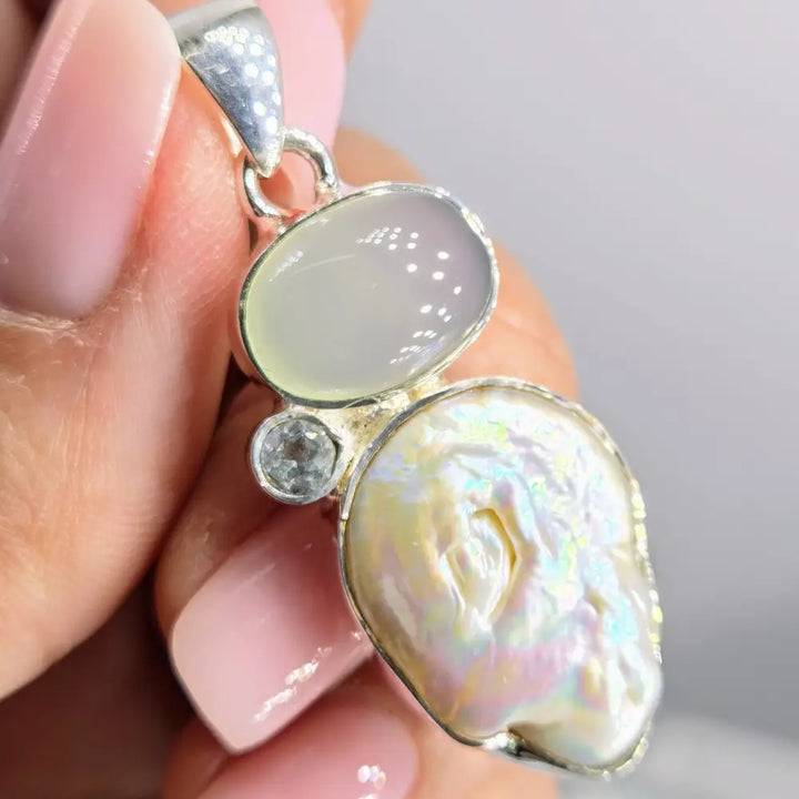 ?THe Rock Show Blues’ Pendants - (your Choice) Mixed Gems Sterling - 7) Chalcedony Blue Topaz Baroque Pearl (1.75’’)