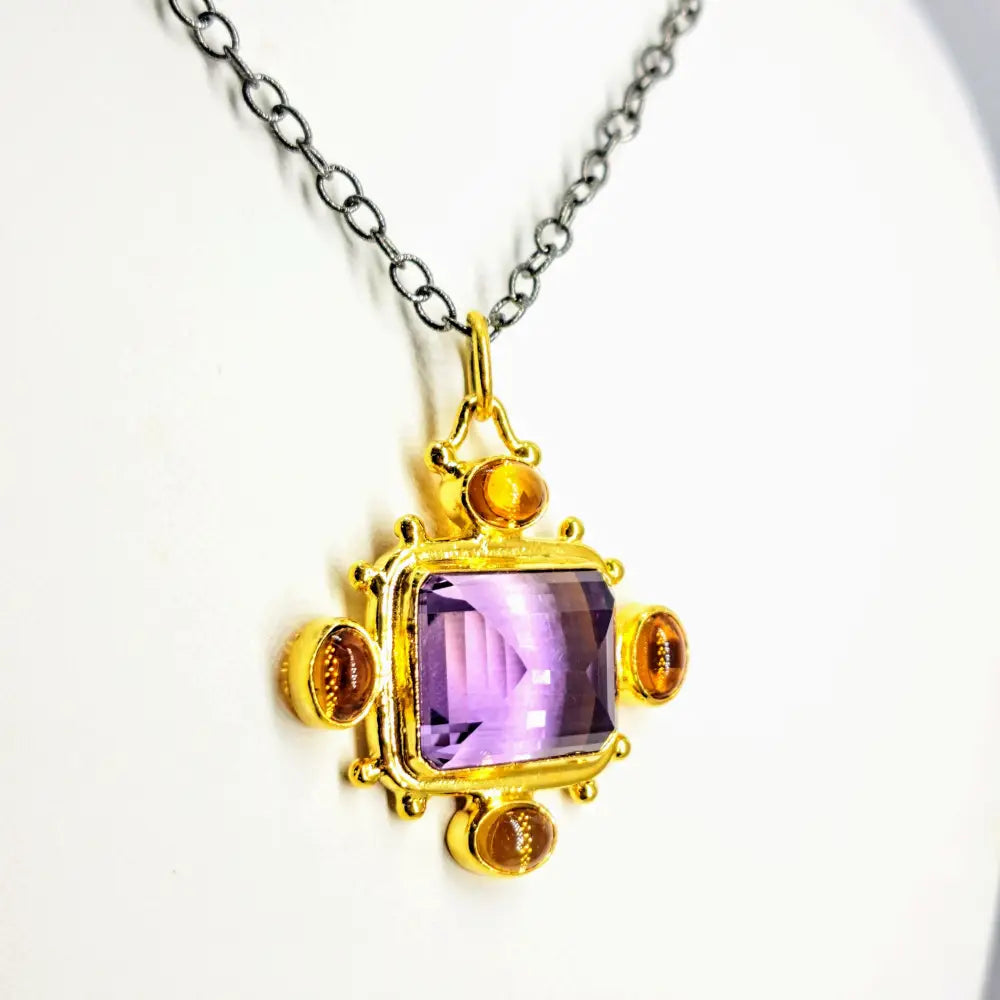 ?THe Royalle’ Pendant Necklace - Amethyst Citrine Black & 18k Gold Sterling