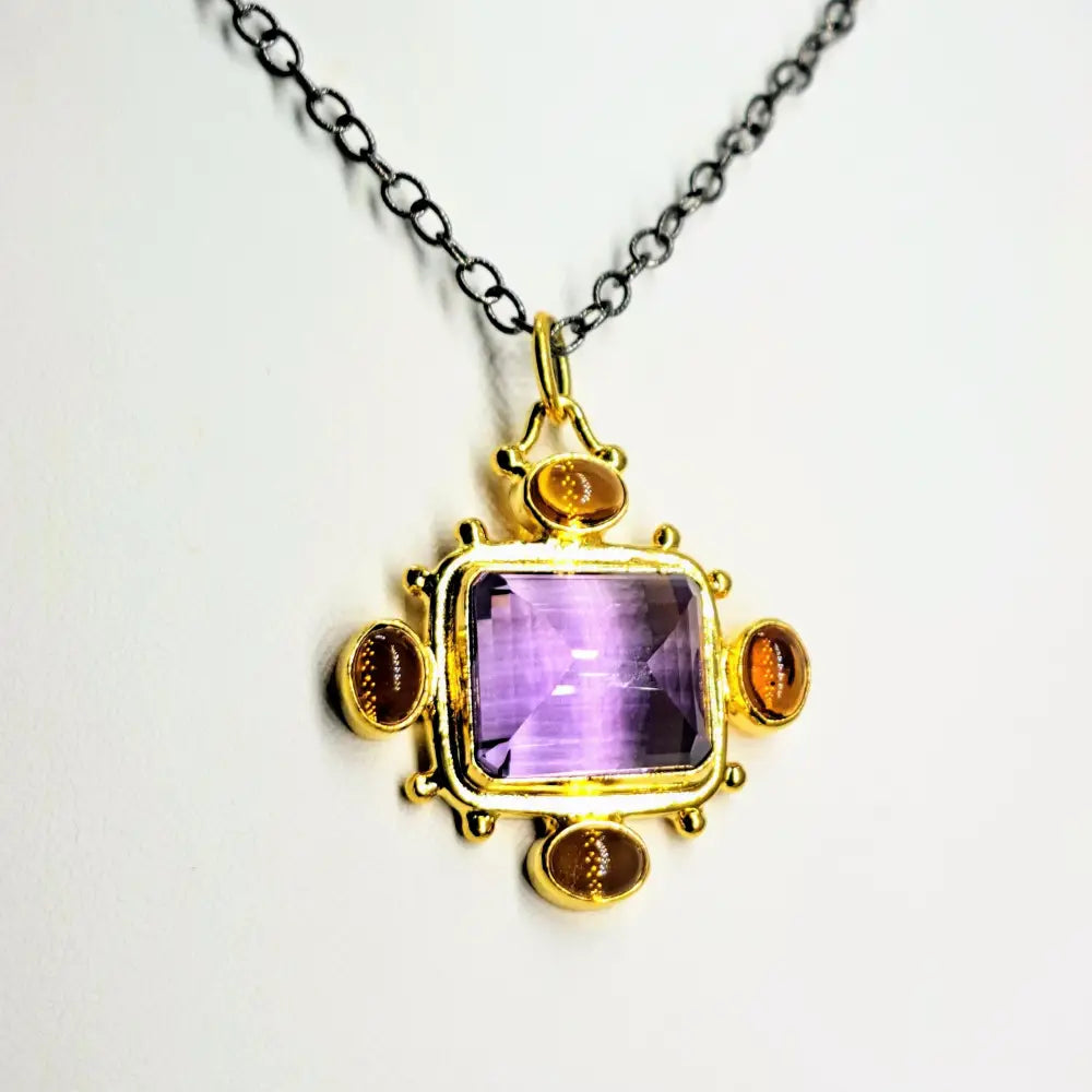 ?THe Royalle’ Pendant Necklace - Amethyst Citrine Black & 18k Gold Sterling