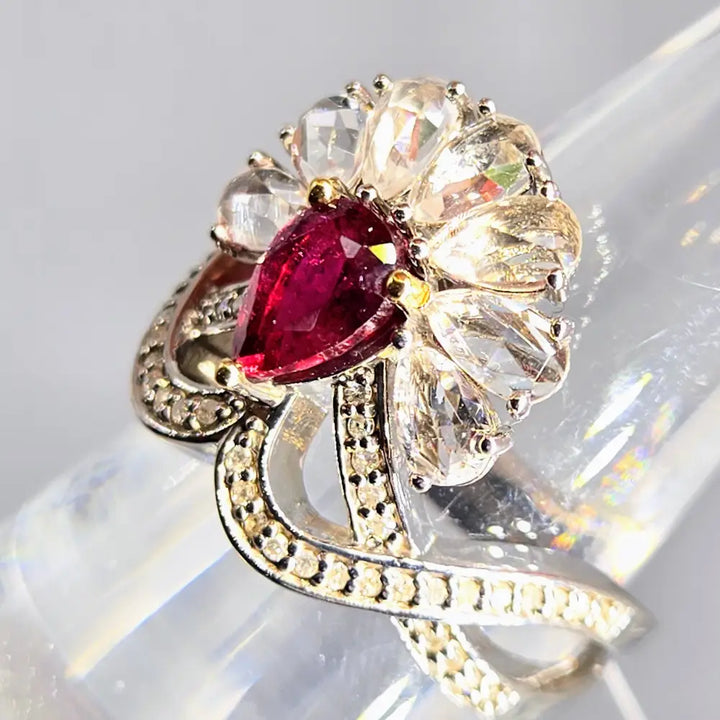 The Scarlet Blossom Sz 7 Ring - Rubelite Diamonds Sapphire Anti-tarnish Sterling 18k