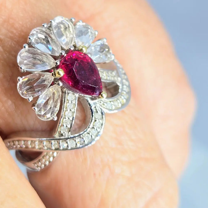 The Scarlet Blossom Sz 7 Ring - Rubelite Diamonds Sapphire Anti-tarnish Sterling 18k