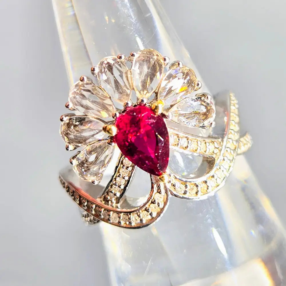 The Scarlet Blossom Sz 7 Ring - Rubelite Diamonds Sapphire Anti-tarnish Sterling 18k