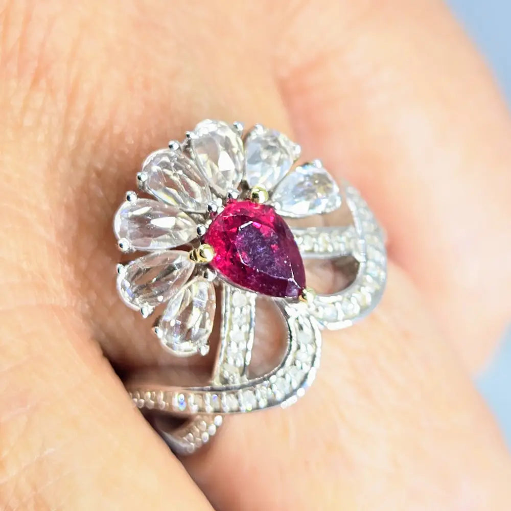 The Scarlet Blossom Sz 7 Ring - Rubelite Diamonds Sapphire Anti-tarnish Sterling 18k