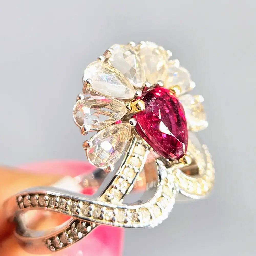 The Scarlet Blossom Sz 7 Ring - Rubelite Diamonds Sapphire Anti-tarnish Sterling 18k