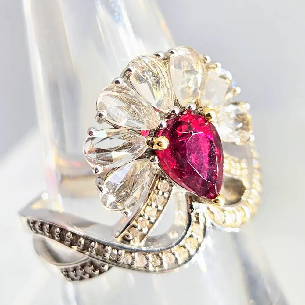 The Scarlet Blossom Sz 7 Ring - Rubelite Diamonds Sapphire Anti-tarnish Sterling 18k