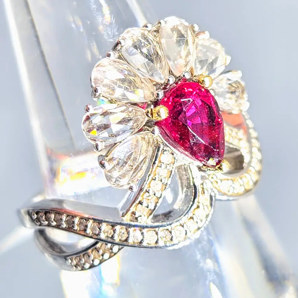 The Scarlet Blossom Sz 7 Ring - Rubelite Diamonds Sapphire Anti-tarnish Sterling 18k