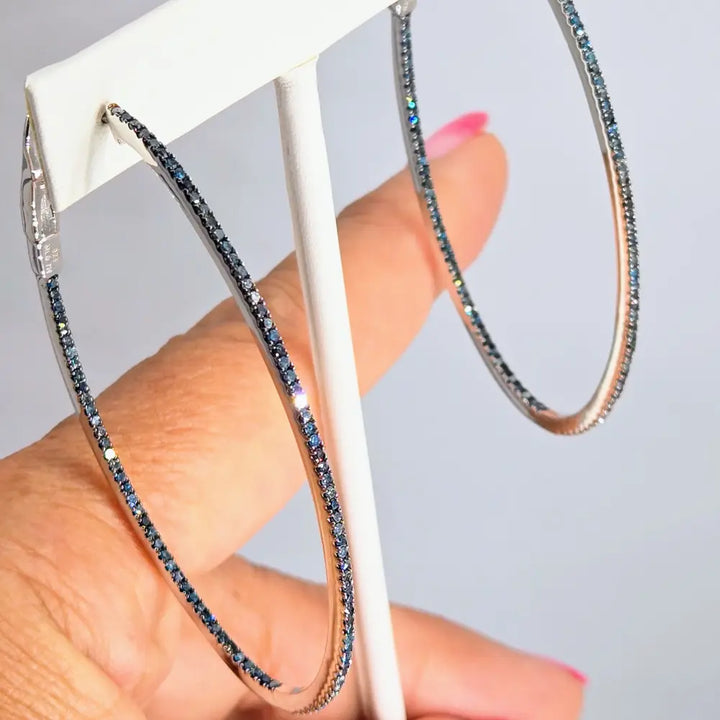 ?THe Seduction’ 2.5’’ Hoop Earrings - Blue Diamonds Anti-tarnish Sterling