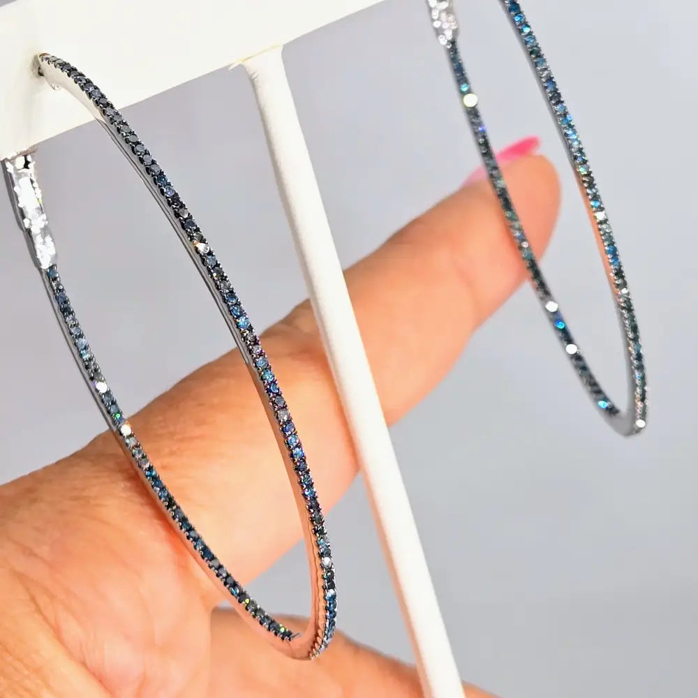 ?THe Seduction’ 2.5’’ Hoop Earrings - Blue Diamonds Anti-tarnish Sterling