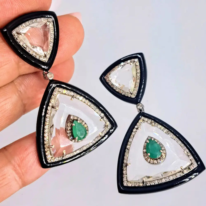 ?THe Sophisticate’ 2’’ Earrings - Diamonds Emerald Quartz Black Onyx Sterling 18k Gold Posts
