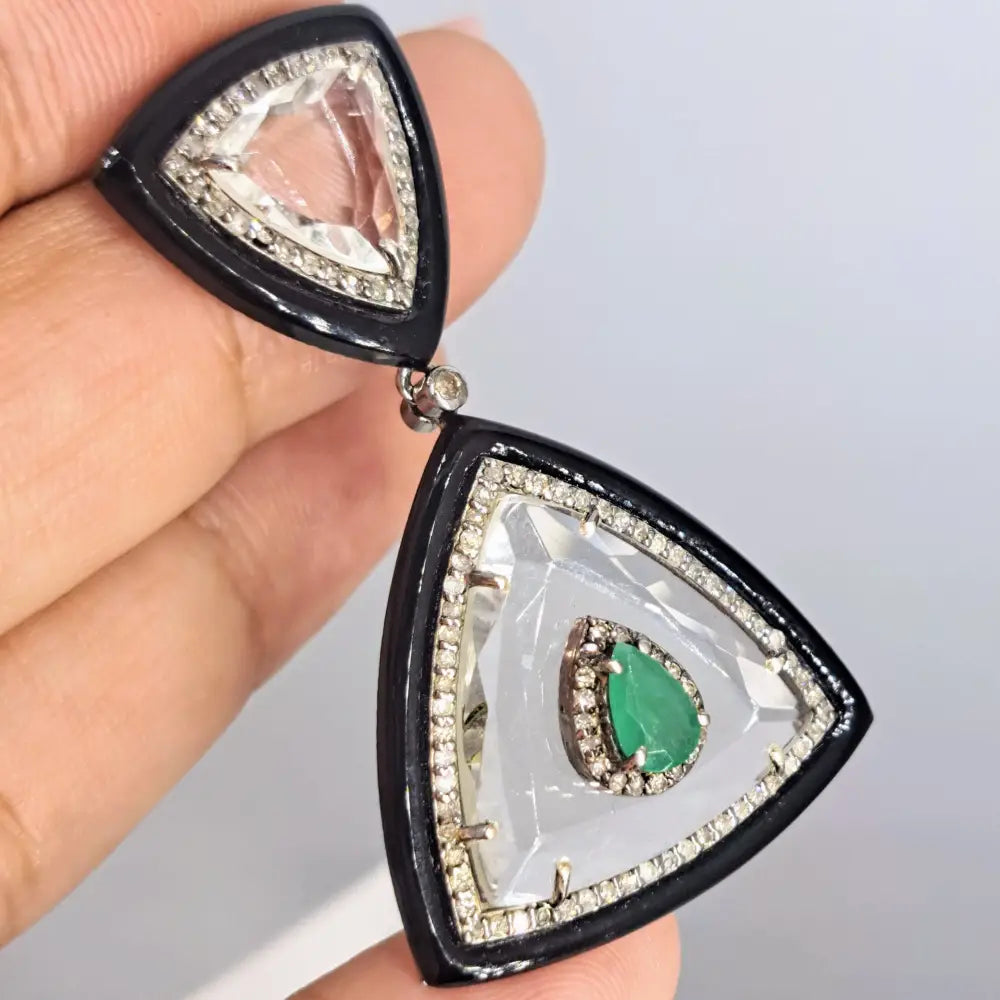 ?THe Sophisticate’ 2’’ Earrings - Diamonds Emerald Quartz Black Onyx Sterling 18k Gold Posts