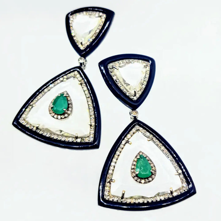 ?THe Sophisticate’ 2’’ Earrings - Diamonds Emerald Quartz Black Onyx Sterling 18k Gold Posts