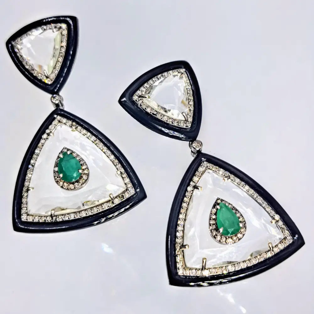 ?THe Sophisticate’ 2’’ Earrings - Diamonds Emerald Quartz Black Onyx Sterling 18k Gold Posts