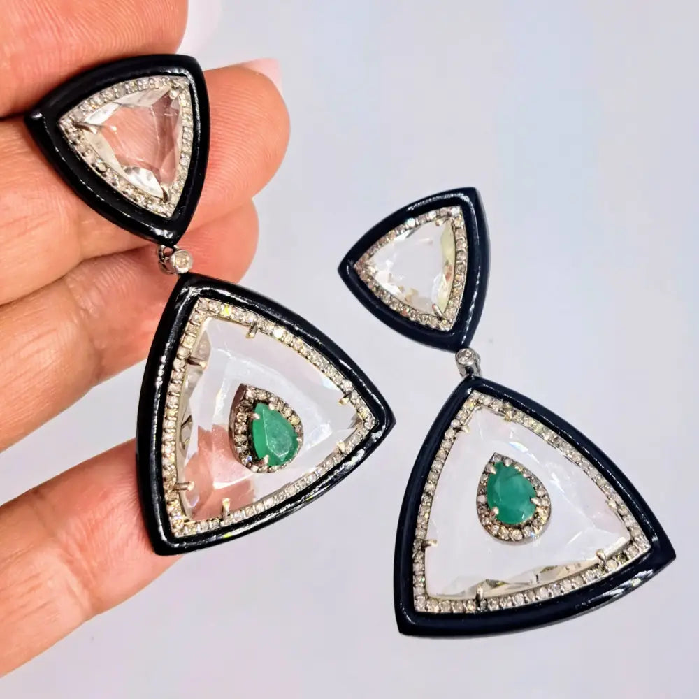 ?THe Sophisticate’ 2’’ Earrings - Diamonds Emerald Quartz Black Onyx Sterling 18k Gold Posts
