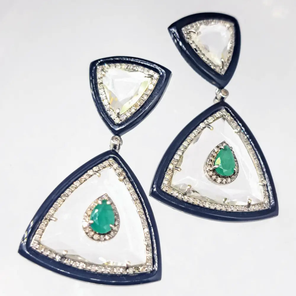 ?THe Sophisticate’ 2’’ Earrings - Diamonds Emerald Quartz Black Onyx Sterling 18k Gold Posts