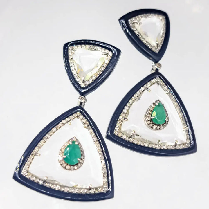 ?THe Sophisticate’ 2’’ Earrings - Diamonds Emerald Quartz Black Onyx Sterling 18k Gold Posts