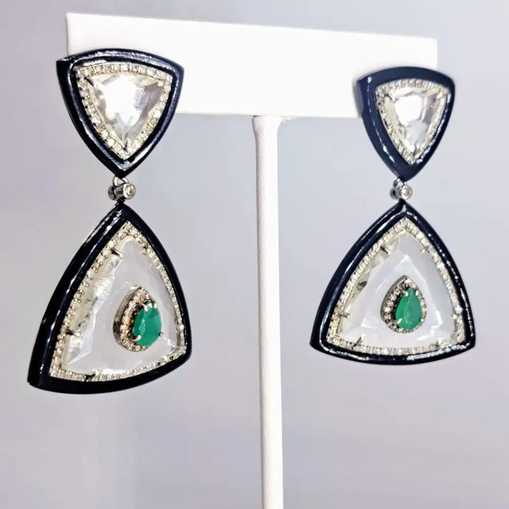 ?THe Sophisticate’ 2’’ Earrings - Diamonds Emerald Quartz Black Onyx Sterling 18k Gold Posts
