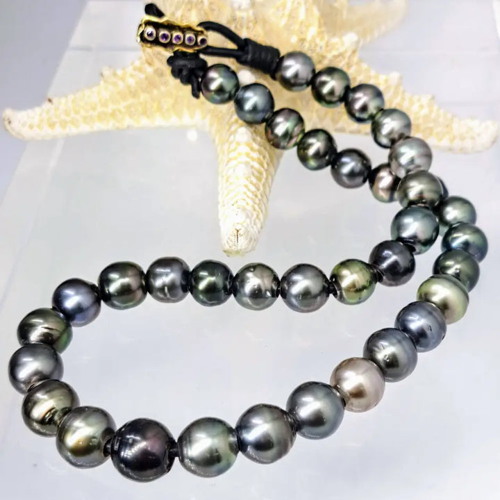 ?THe Unisex-y’ 19’’ Necklace - Tahitian Pearls Leather Sterling Amethyst 18k Clasp