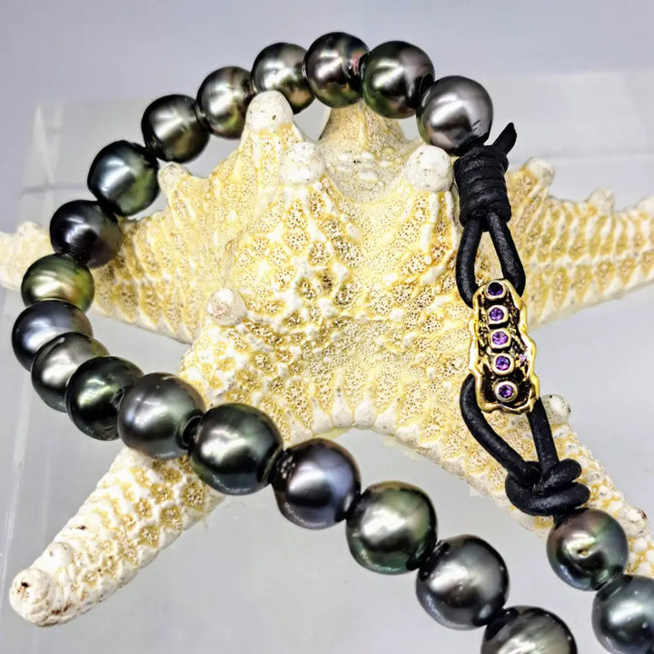 ?THe Unisex-y’ 19’’ Necklace - Tahitian Pearls Leather Sterling Amethyst 18k Clasp
