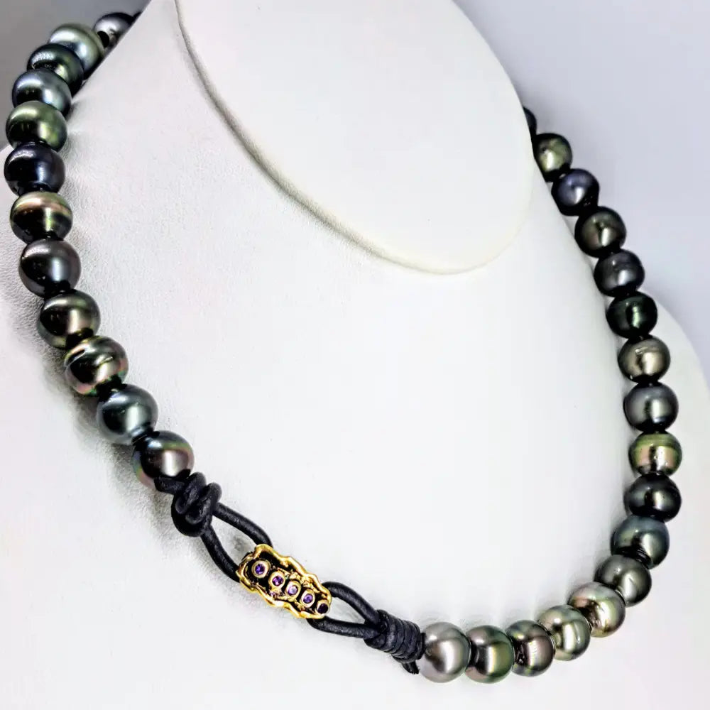?THe Unisex-y’ 19’’ Necklace - Tahitian Pearls Leather Sterling Amethyst 18k Clasp