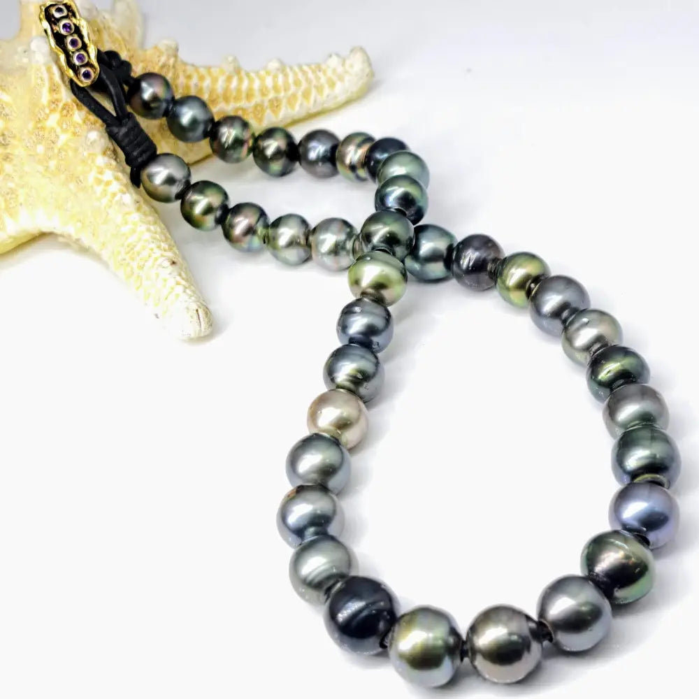 ?THe Unisex-y’ 19’’ Necklace - Tahitian Pearls Leather Sterling Amethyst 18k Clasp