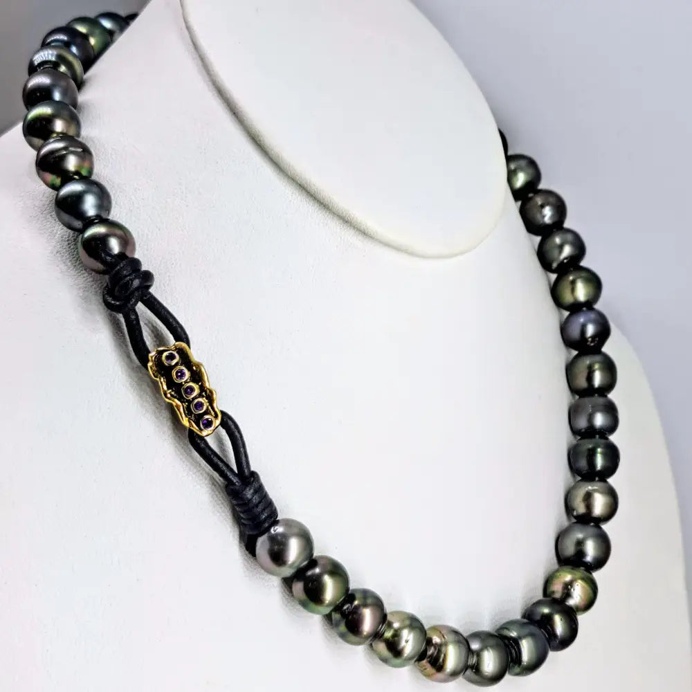 ?THe Unisex-y’ 19’’ Necklace - Tahitian Pearls Leather Sterling Amethyst 18k Clasp