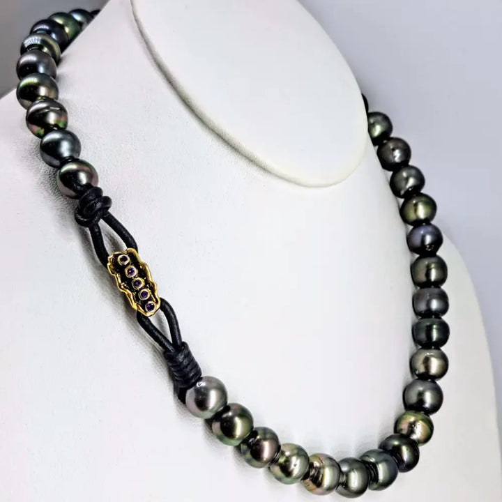 ?THe Unisex-y’ 19’’ Necklace - Tahitian Pearls Leather Sterling Amethyst 18k Clasp