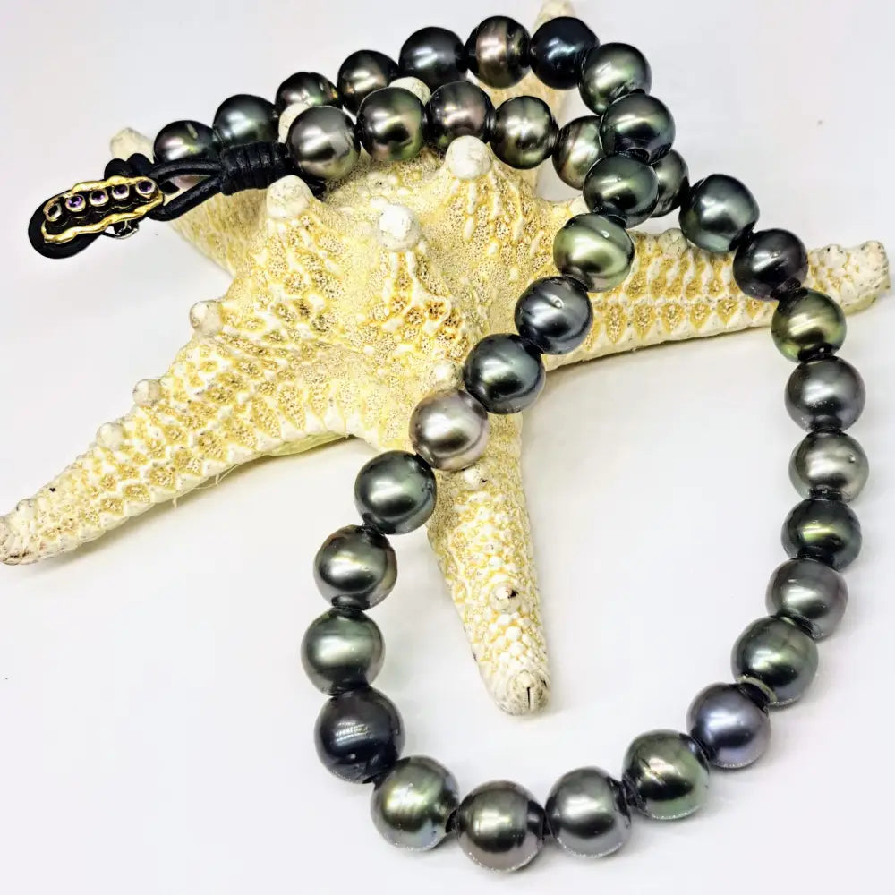 ?THe Unisex-y’ 19’’ Necklace - Tahitian Pearls Leather Sterling Amethyst 18k Clasp