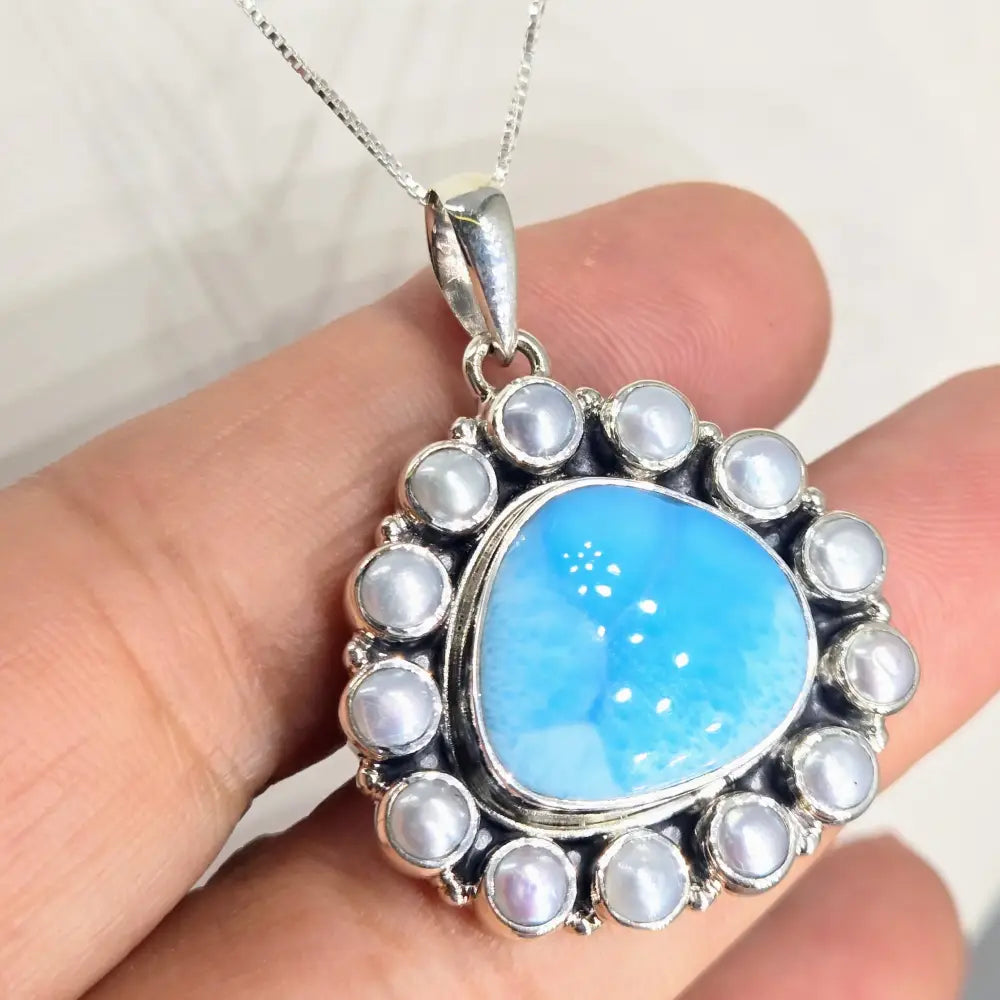 ?THe Wave’ Pendant Necklace - Larimar Pearls Sterling