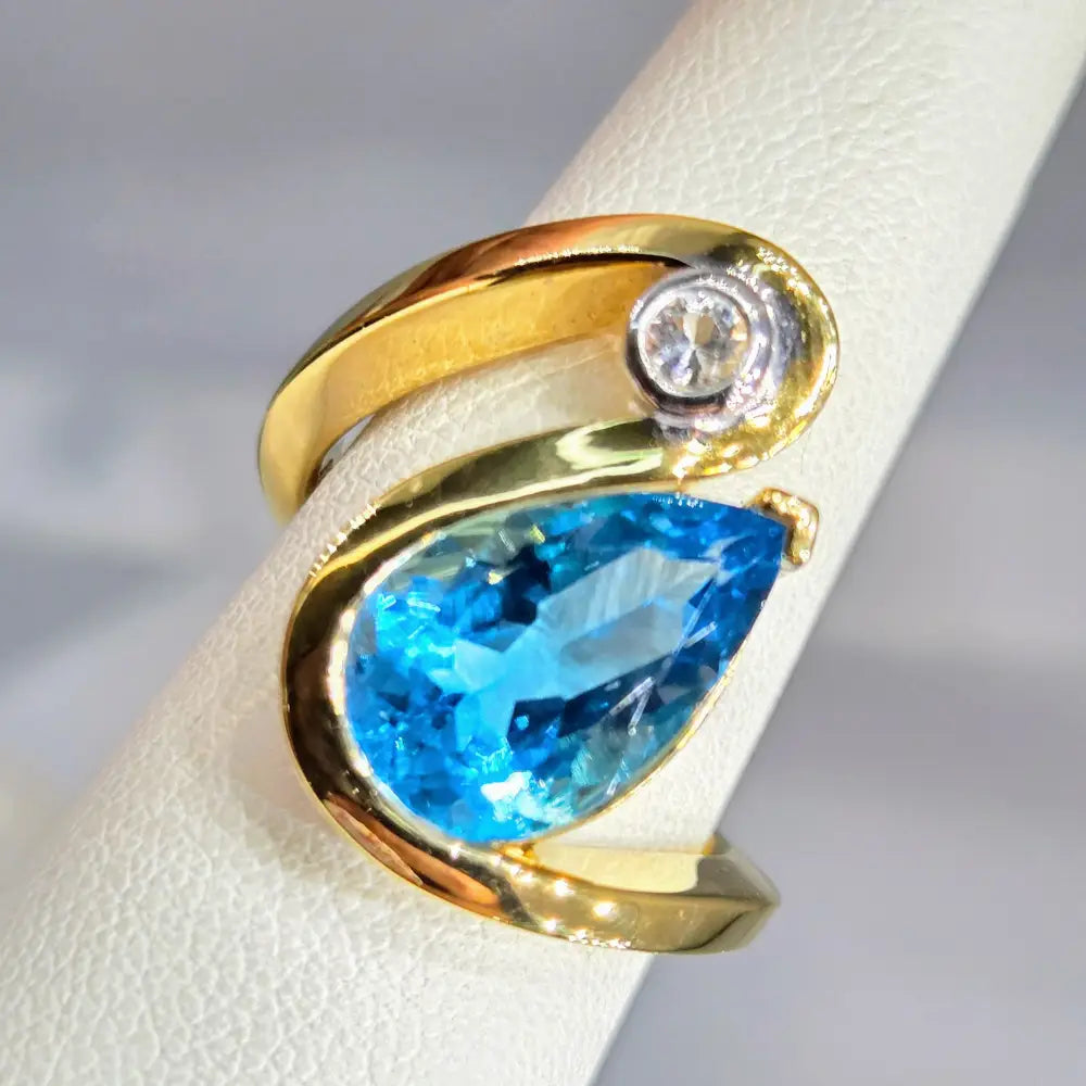 ?THe Wave’ Sz 9 Ring - Blue Topaz White Zircon Anti-tarnish 18k Gold Sterling