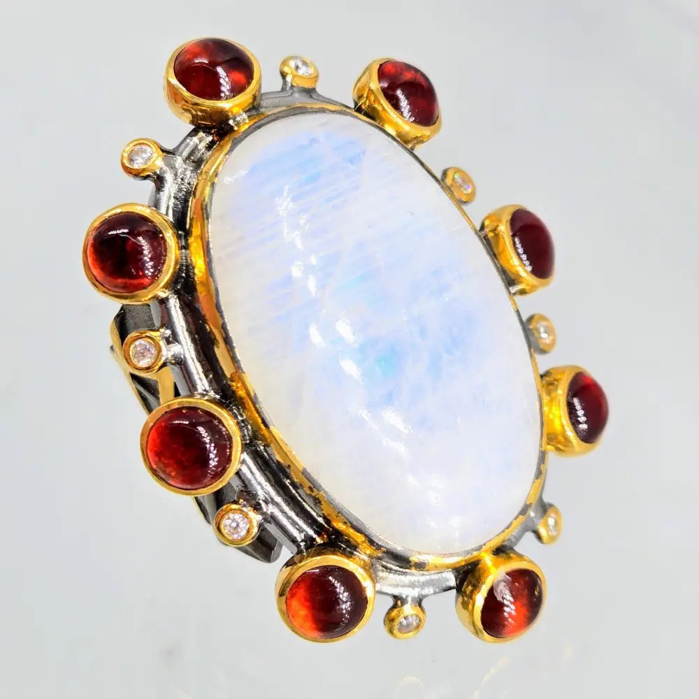 ?THunder Moon’ Sz 8 Ring - Moonstone Hessonite Garnet Zircon Black Sterling 18k Gold Accents