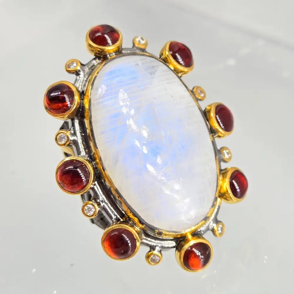 ?THunder Moon’ Sz 8 Ring - Moonstone Hessonite Garnet Zircon Black Sterling 18k Gold Accents
