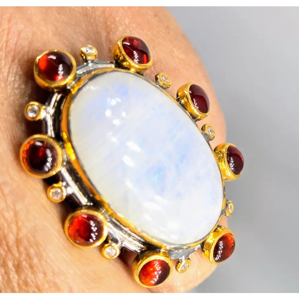 ?THunder Moon’ Sz 8 Ring - Moonstone Hessonite Garnet Zircon Black Sterling 18k Gold Accents