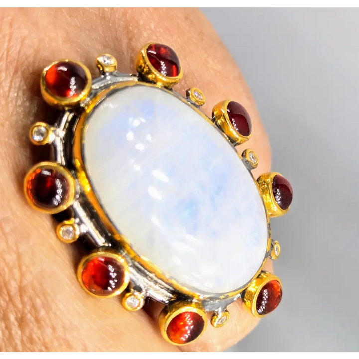 ?THunder Moon’ Sz 8 Ring - Moonstone Hessonite Garnet Zircon Black Sterling 18k Gold Accents