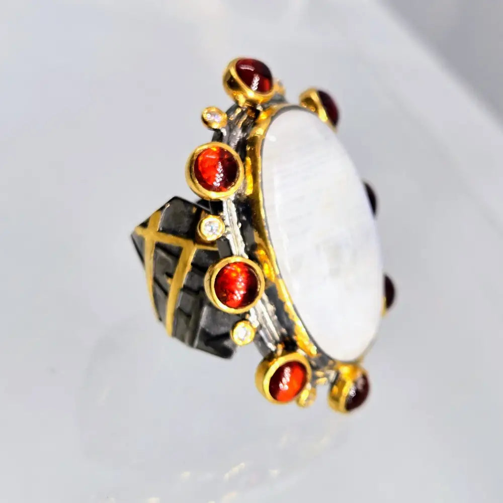 ?THunder Moon’ Sz 8 Ring - Moonstone Hessonite Garnet Zircon Black Sterling 18k Gold Accents