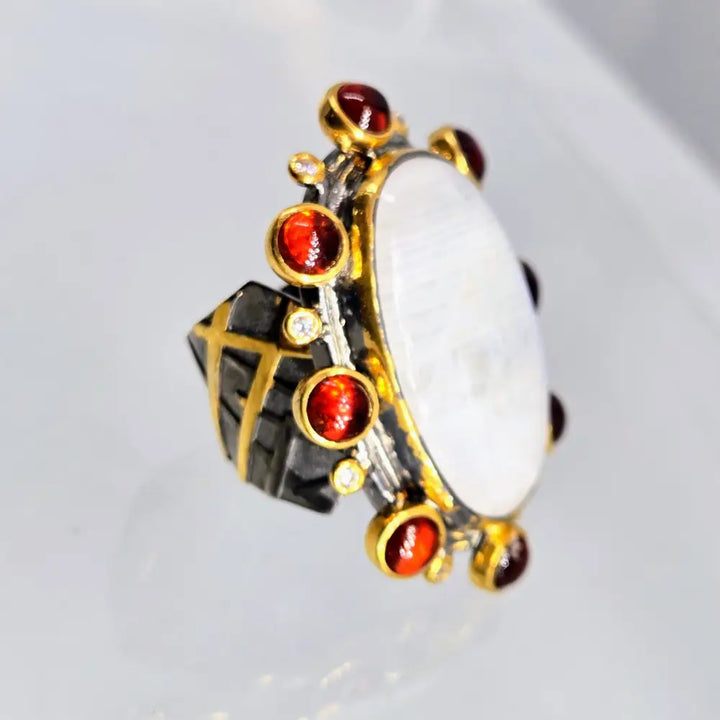 ?THunder Moon’ Sz 8 Ring - Moonstone Hessonite Garnet Zircon Black Sterling 18k Gold Accents