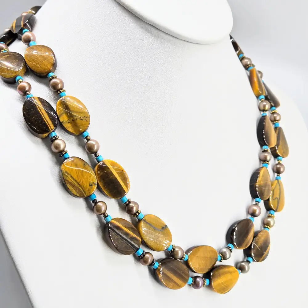 ?TIger Lilly’ 20’’ Necklace - Tiger Eye Turquoise Pearls Gold Sterling