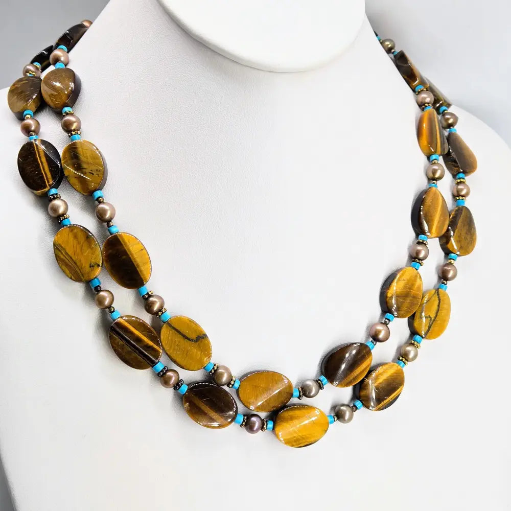 ?TIger Lilly’ 20’’ Necklace - Tiger Eye Turquoise Pearls Gold Sterling