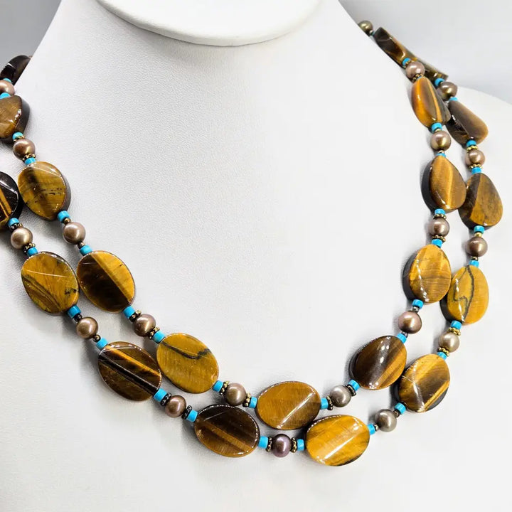 ?TIger Lilly’ 20’’ Necklace - Tiger Eye Turquoise Pearls Gold Sterling