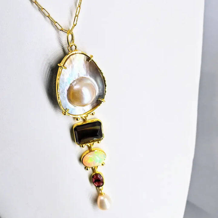 Treasure 4’’ Pendant Necklace Mabe Pearl Smoky Quartz Opal Rhodolite Garnet