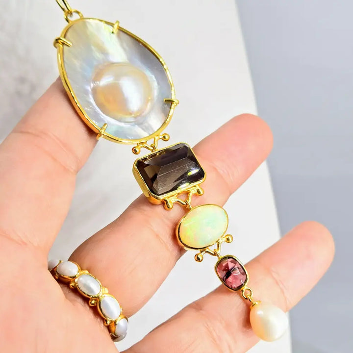 Treasure 4’’ Pendant Necklace Mabe Pearl Smoky Quartz Opal Rhodolite Garnet