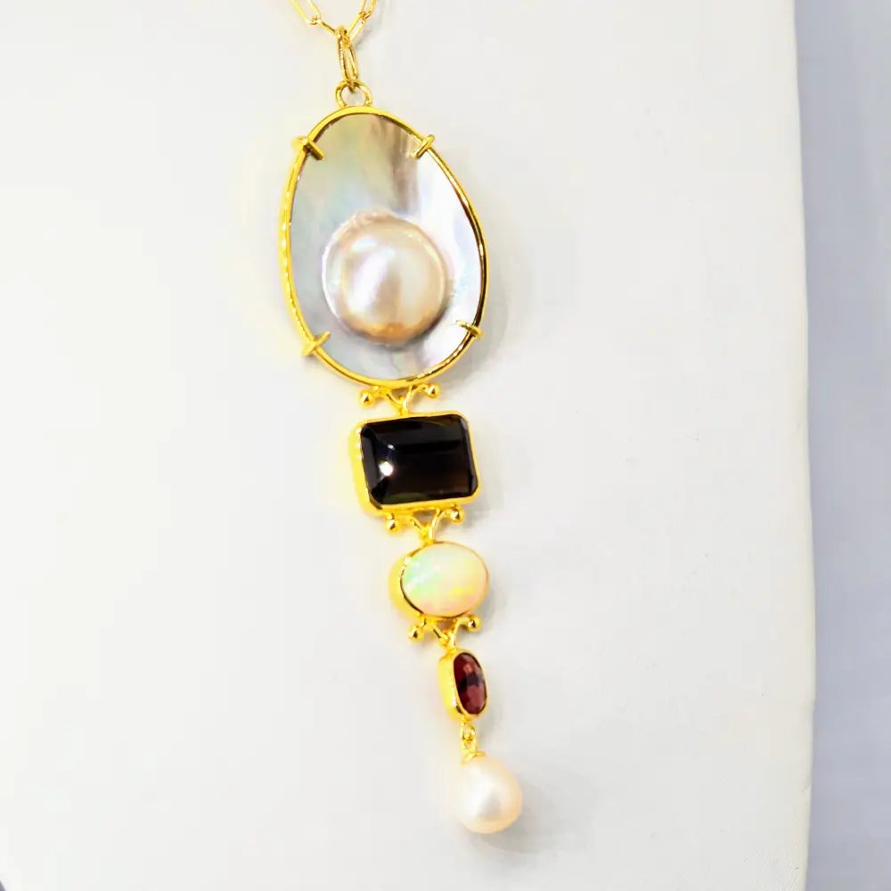Treasure 4’’ Pendant Necklace Mabe Pearl Smoky Quartz Opal Rhodolite Garnet