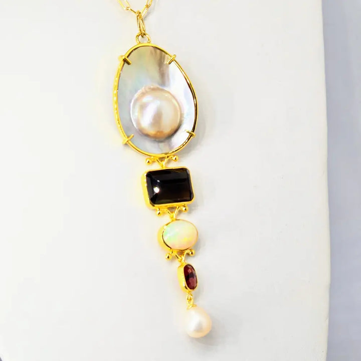 Treasure 4’’ Pendant Necklace Mabe Pearl Smoky Quartz Opal Rhodolite Garnet